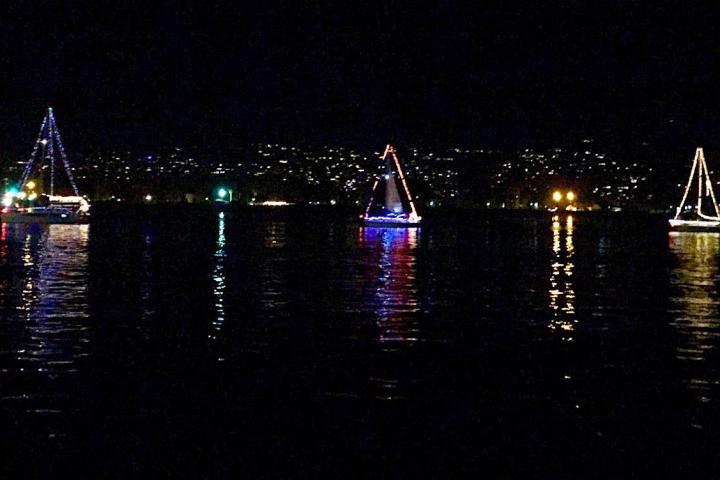 a boat that is lit up at night